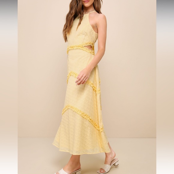 NWT Lulus Perfectly Serene Light Yellow Eyelt Ruffles Tie back midi dress - Picture 3 of 4